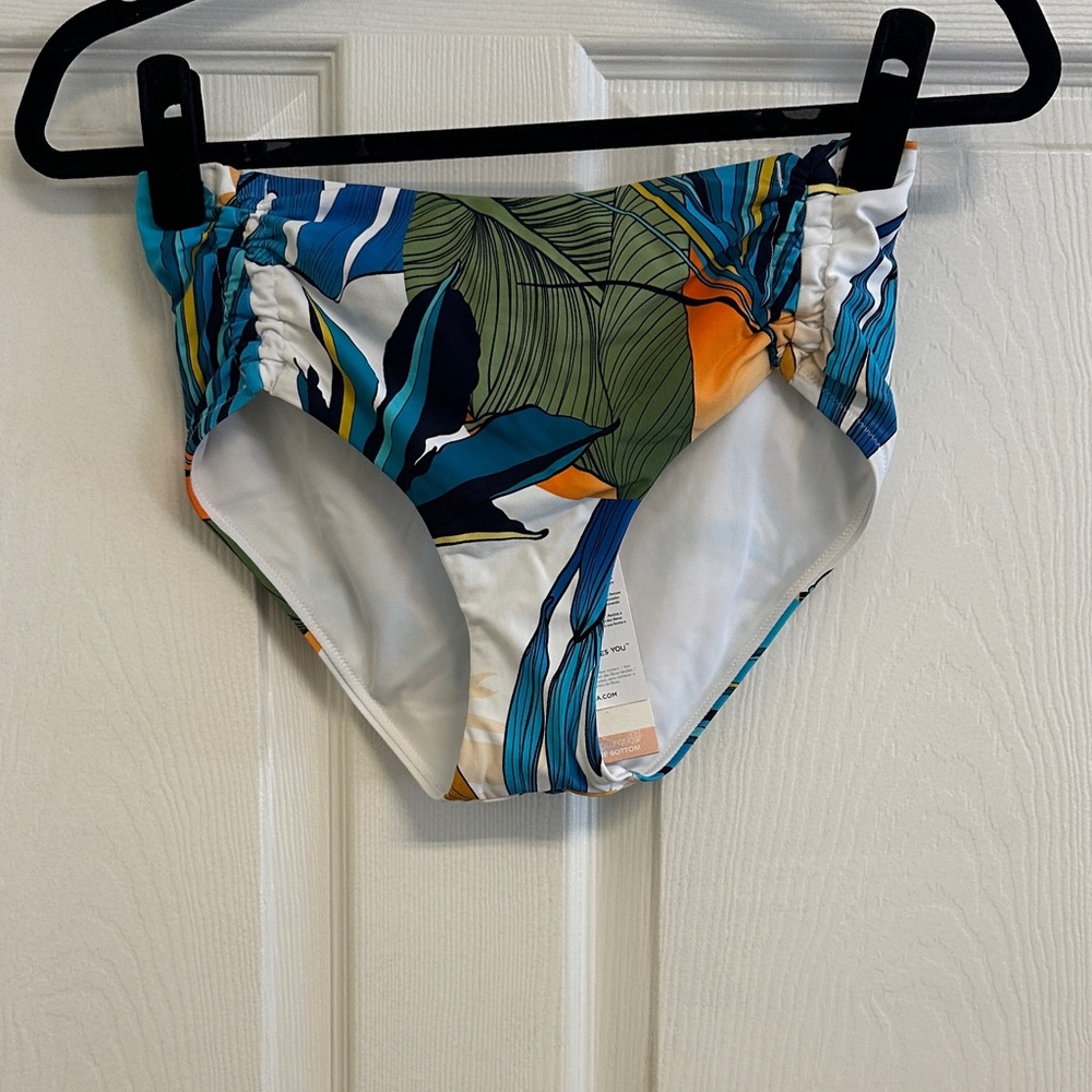 CALIA Tropical Print Mid-Waisted Bikini Bottom & Rash guard Style top